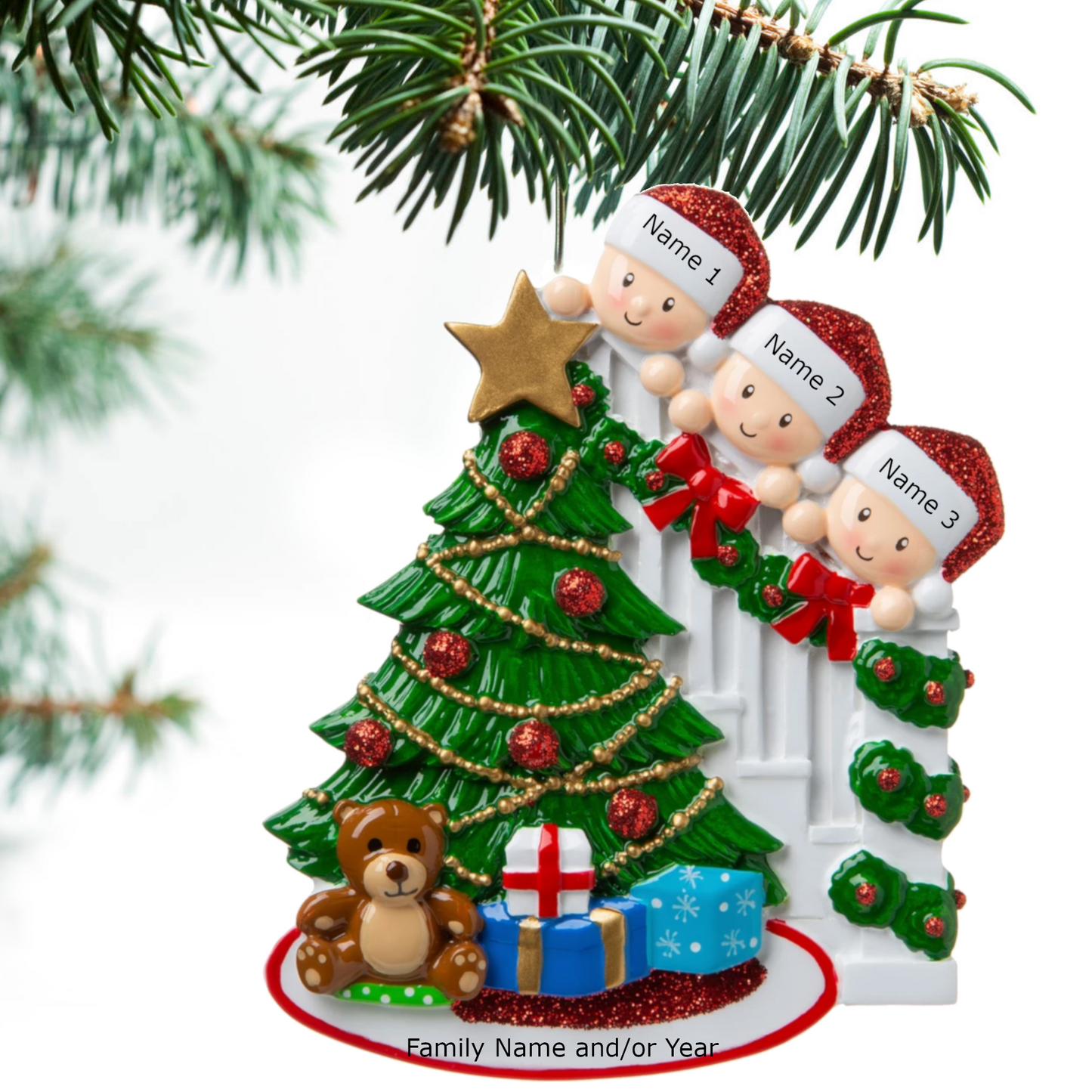 Peeking Family Of 3 Personalized Christmas Ornament