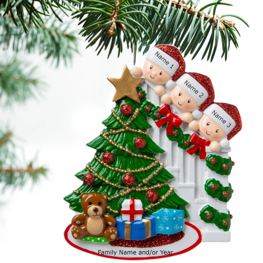 Peeking Family Of 3 Personalized Christmas Ornament