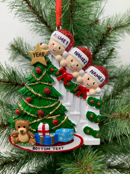 Peeking Family Of 3 Personalized Christmas Ornament