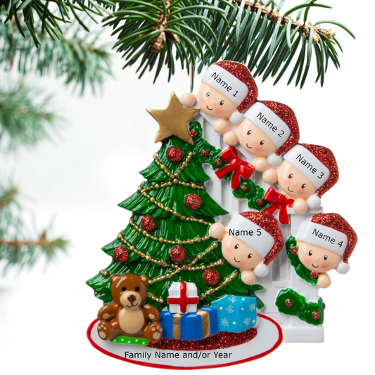 Peeking Family Of 5 Personalized Christmas Ornament
