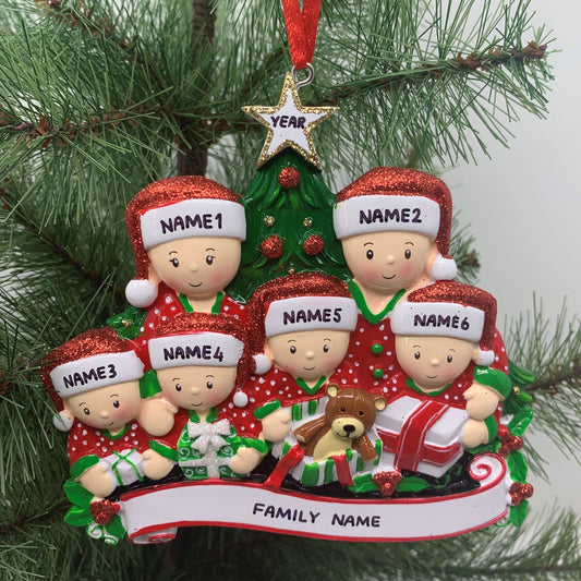 Opening Presents Family Ornament - Family of 2 3 4 5 6 - Custom Handwritten - Family of 6