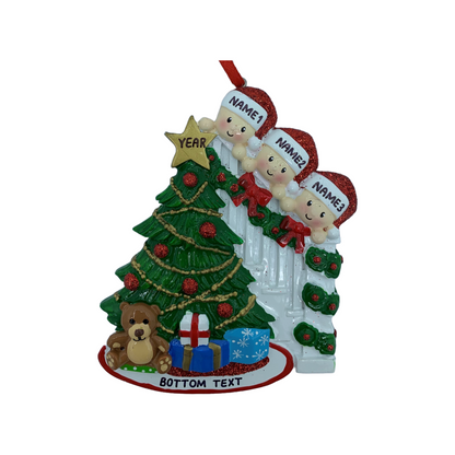 Peeking Family Of 3 Personalized Christmas Ornament