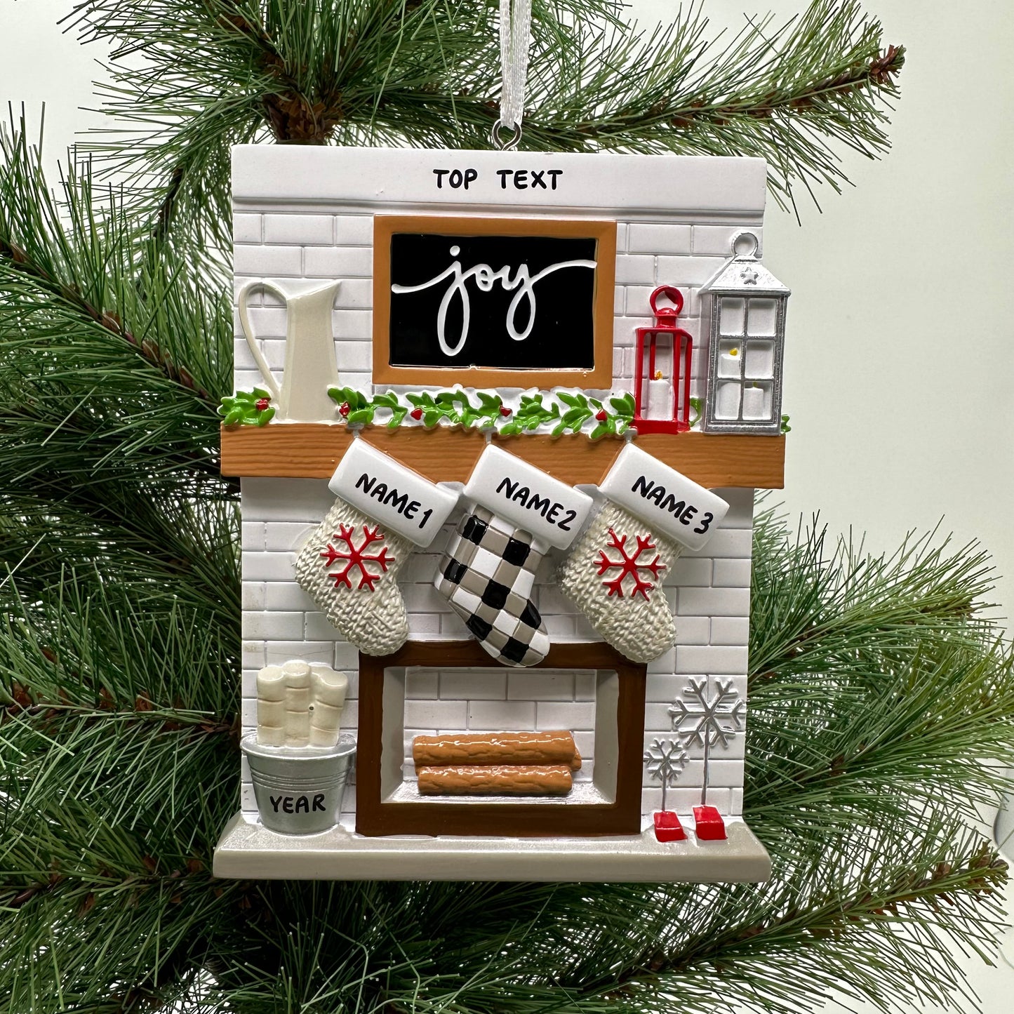 Fireplace Mantle Family Of 3 Personalized Christmas Ornament