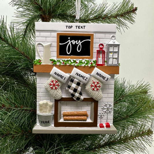 Fireplace Mantle Family Of 3 Personalized Christmas Ornament