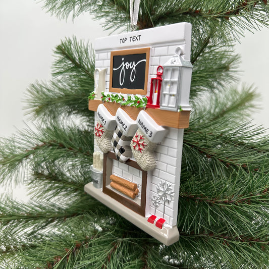 Fireplace Mantle Family Of 3 Personalized Christmas Ornament