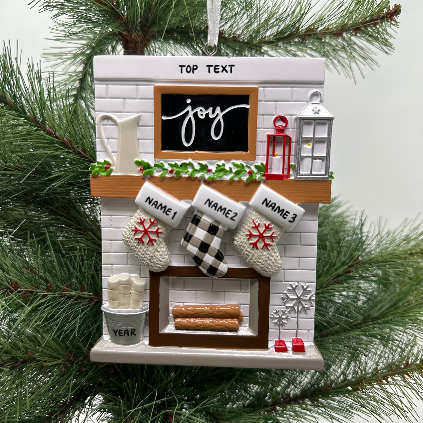 Fireplace Mantle Family Of 3 Personalized Christmas Ornament