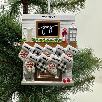 Fireplace Mantle Family Of 9 Personalized Christmas Ornament