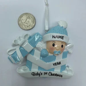 Personalized Baby Boy in Present Ornament Baby's