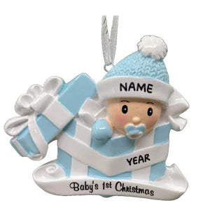 Personalized Baby Boy in Present Ornament Baby's