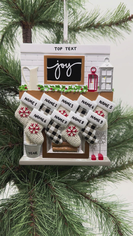Fireplace Mantle Family Of 9 Personalized Christmas Ornament